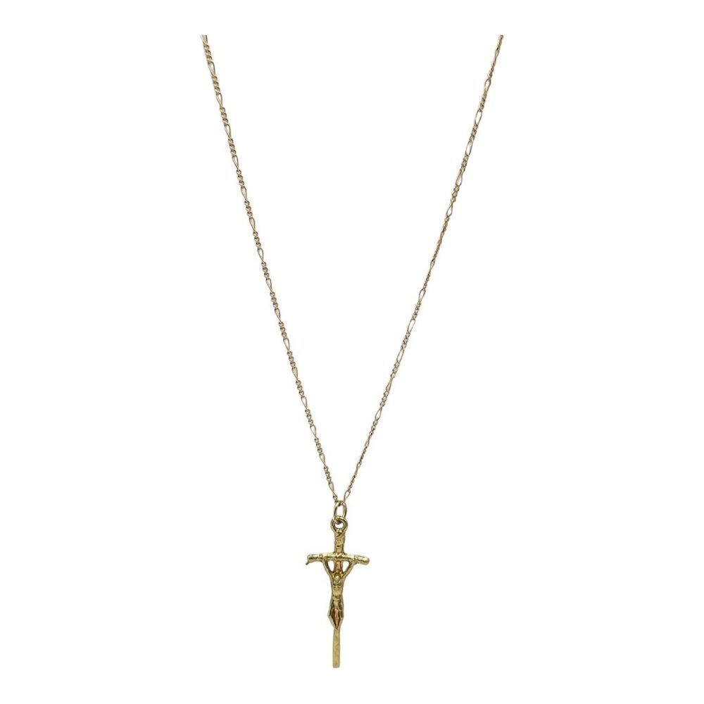 14k Gold Filled Cross Pendant Figaro Chain Necklace Spring Ring Closure